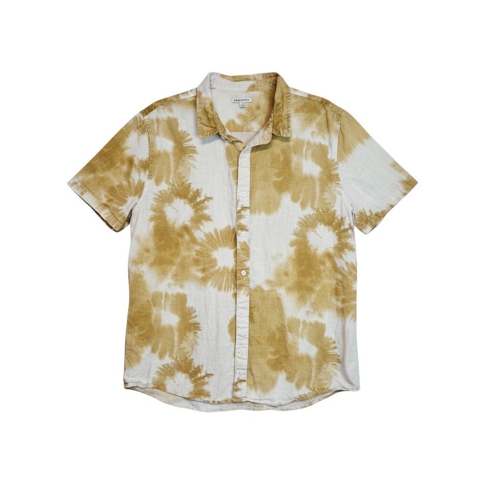 Banks Journal Mens XL Linen Button Up Shirt Short Sleeve Tie Dye Yellow White